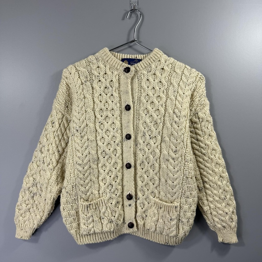Tivoli Aran Sweater Kids 8-10 Years White 100% Merino Wool Cable Knit Cardigan
